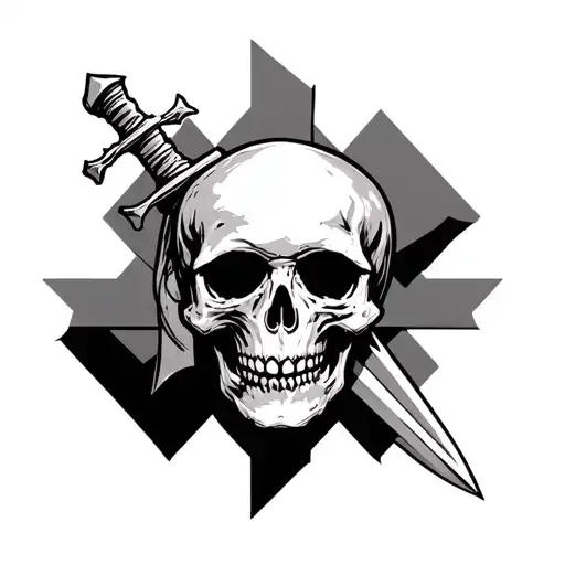 Skull With Dagger Through Head With Three Crosses In Background