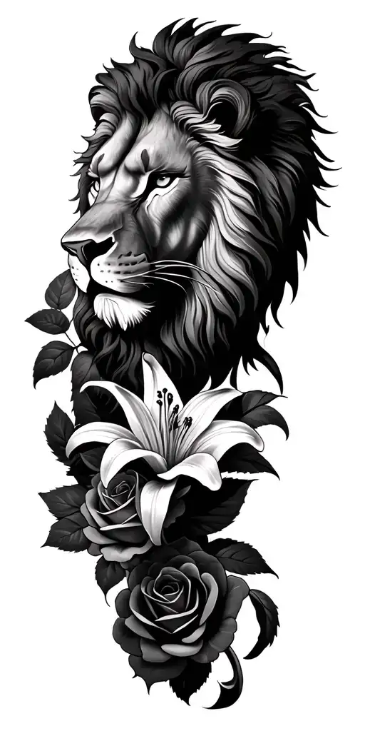 Lions Head With Roses And Lily