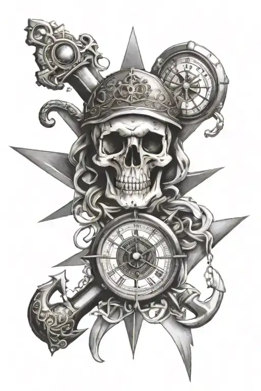 Skull Compass Clock Broken Hour Glass Eye Anchor Intertwined