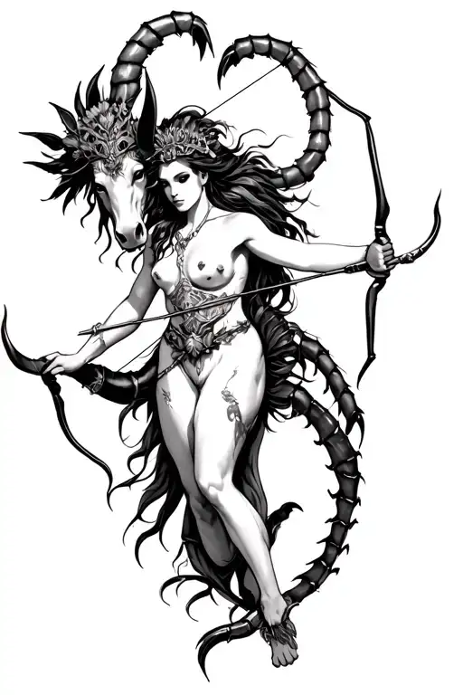 Female Centaur With Scorpion Tail And Bull Headdress Shooting Bow And Arrow