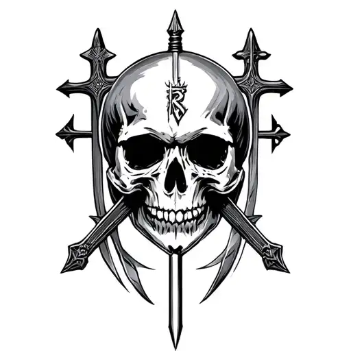 Skull With Dagger Through Head With Three Christian Crosses In Background