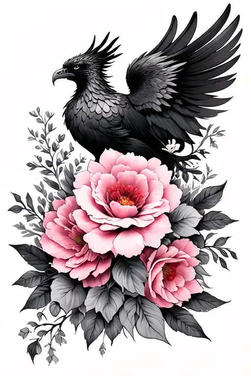 Pink Floral Sleeve With Black Phoenix