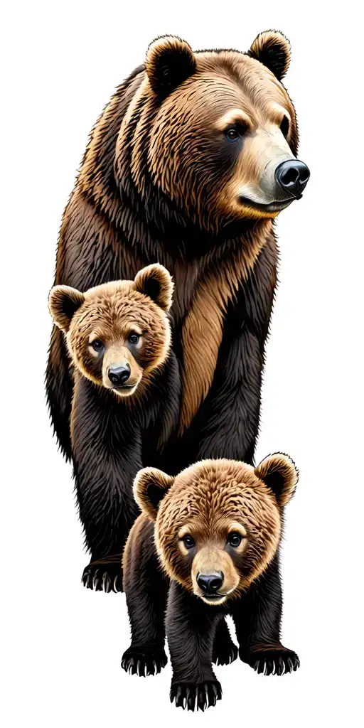 Brown Bear With One Big Cub And One Small Cub Either Side