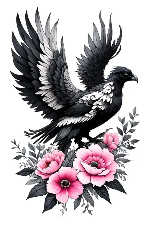 Pink Floral Sleeve With Black Phoenix