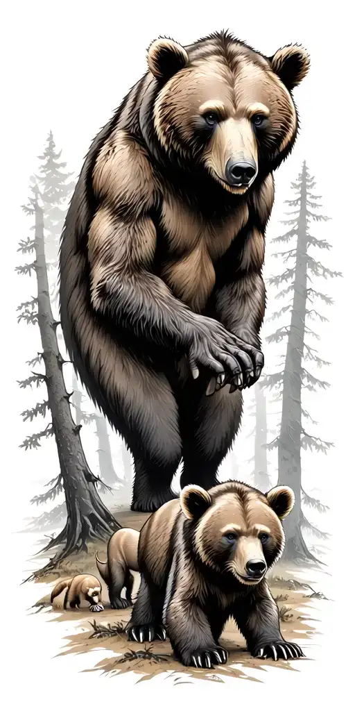 Evil Brown Bear With One Big Cub And One Small Cub Either Side In The Woods Surrounded By Trees