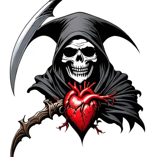 Grim Reaper Bust With Human Heart On Blade Of Scythe