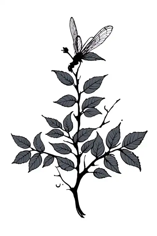Branches With Leaves And Libelula