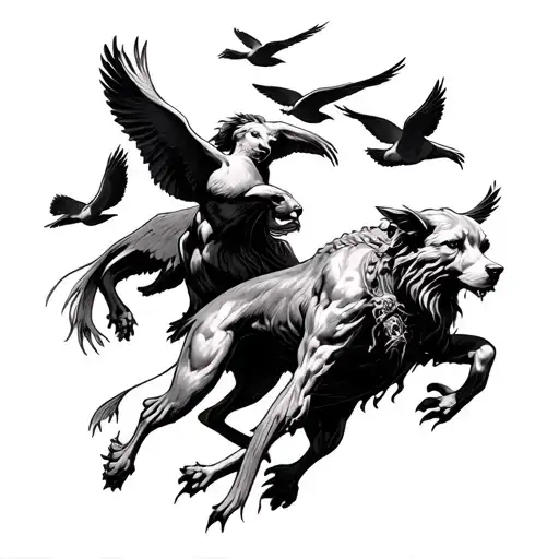 Realistic Hades And Cerberus Guarding The Gates Doves Flying