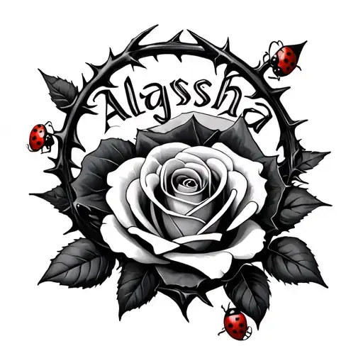 Roses With Thorns Surrounding The Name Alaysha With Ladybugs Crawling On The Roses