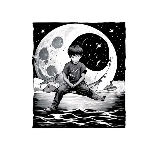 A Boy Sits On The Moon And Fishes