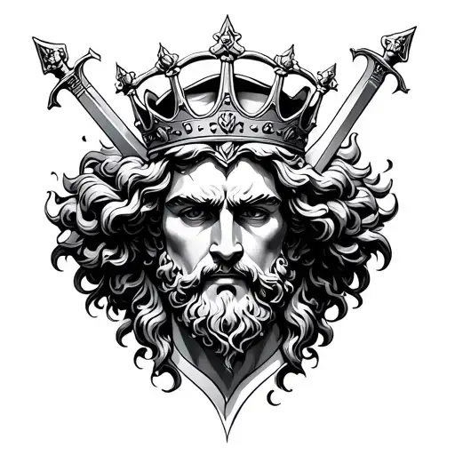 The Greek God's Head Design Has A Crown And Under It A Sword In The Heart And Into The Bunch