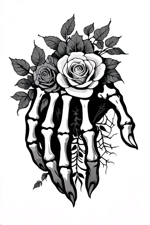 Hand Tattoo With Half The Hand A Skeleton And The Other Half Is Full Of Roses Spiders And Vines