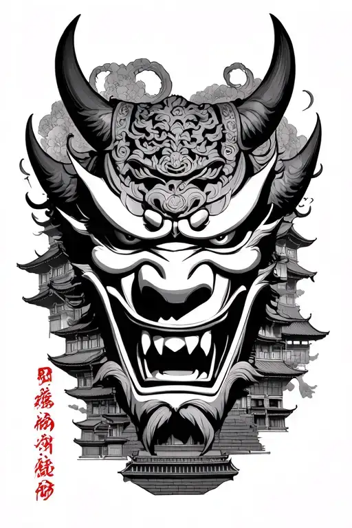 Oni Mask Surrounded By Japanese Buildings