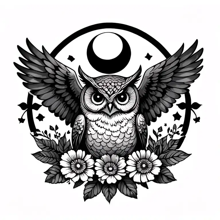 Owl Flying With Wings Across Upper Back And Flowers And 2 Moons