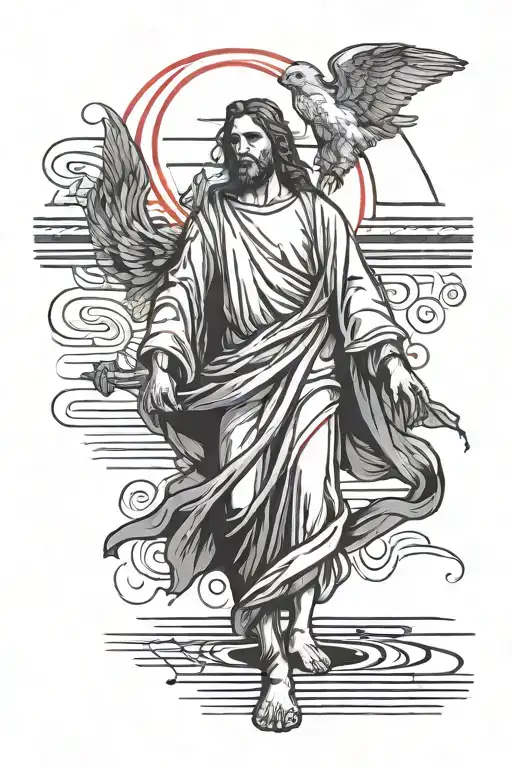 Blind Jesus Standing On Red Line Tattoo Design