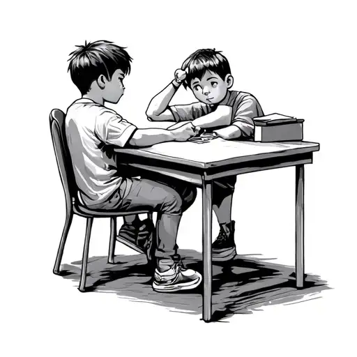 A Kid Sitting Alone On A Table School While His Dad Work Hard For Money