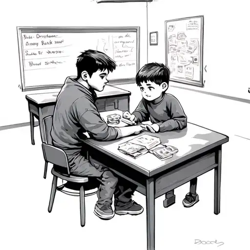 A Kid Sitting Alone On A Table School While His Dad Work Hard For Money