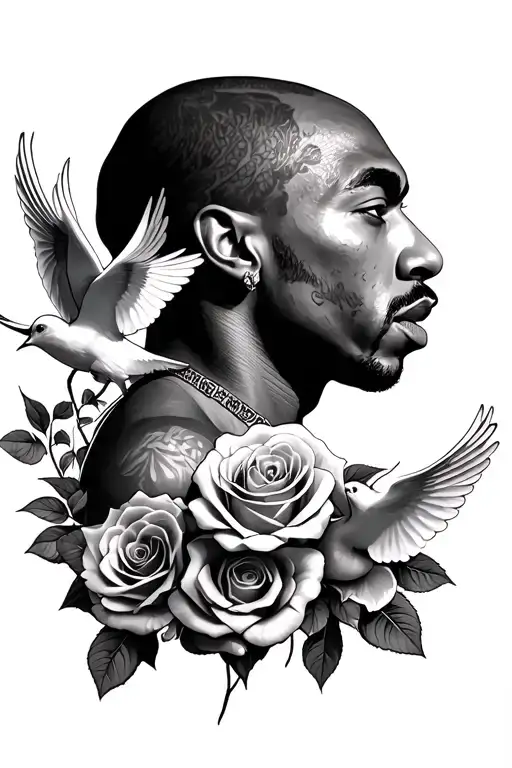 2Pac Side Portrait Surrounded In Roses And Doves Flying