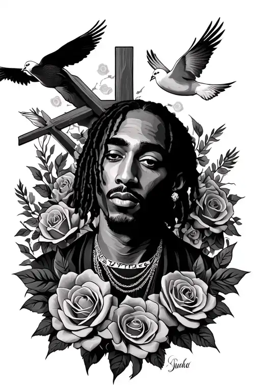 2Pac Side Portrait Surrounded In Roses And Doves Flying Next To Giant Cross