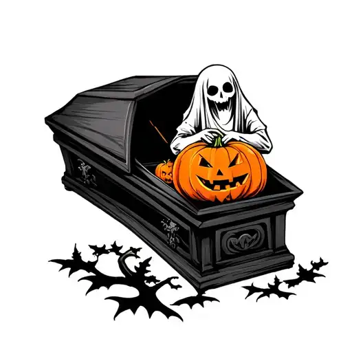 Casket With Ghost Holding A Pumpkin On Halloween Inside The Casket