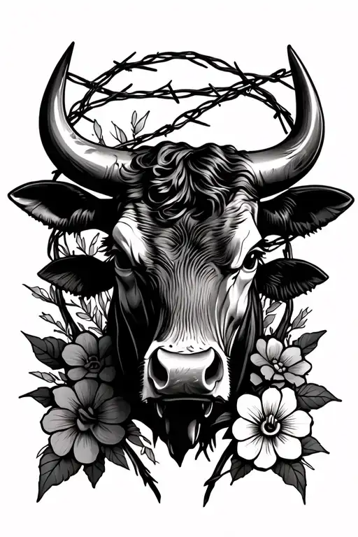 Bull Head With Barb Wire And Flowers