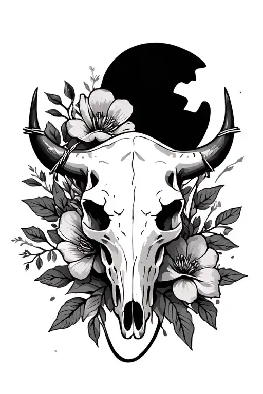 Bull Skull With Barb Wire And Flowers