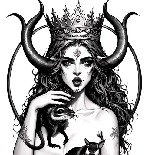Nude Demonic Woman With A Crown And Horns Eating A Rat