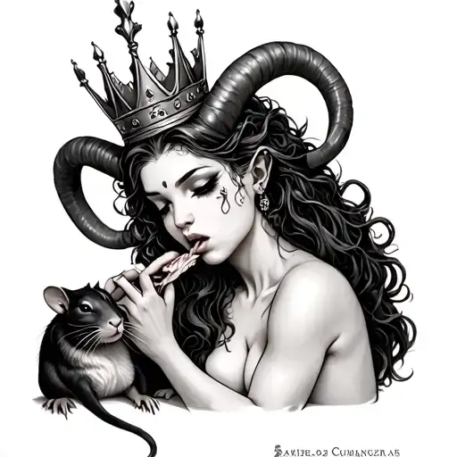 Nude Demonic Woman With A Crown And Horns Eating A Rat