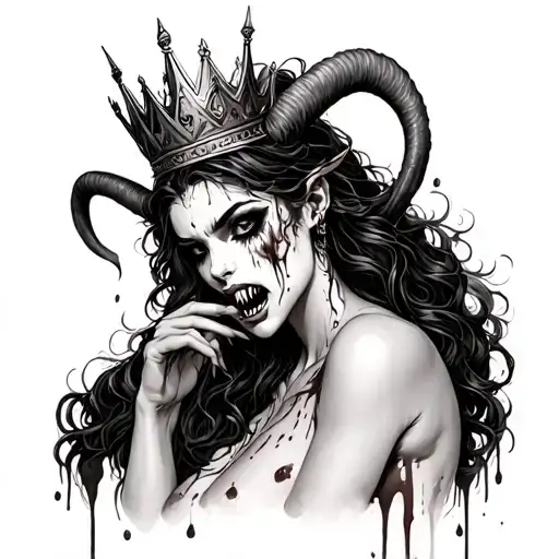 Nude Demonic Woman With A Crown And Horns Fangs Covered In Blood