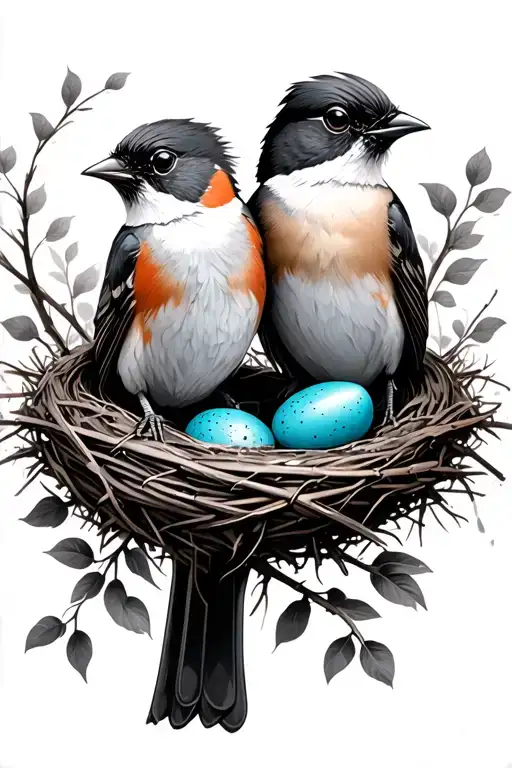 Two Robins In Nest With Two Blue Eggs