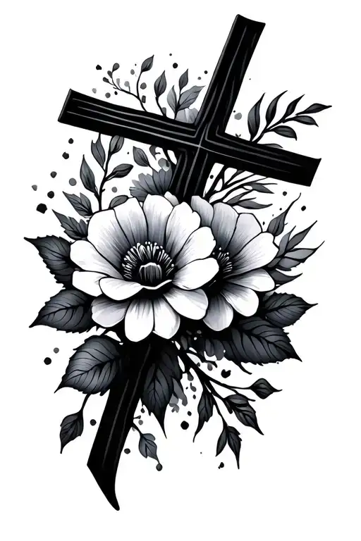 Fine Line Cross With Flowers