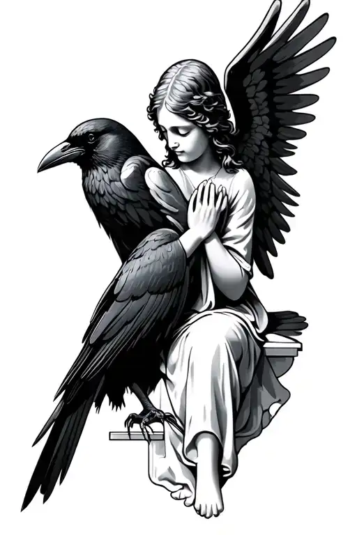 Praying Angel And Crow Sitting