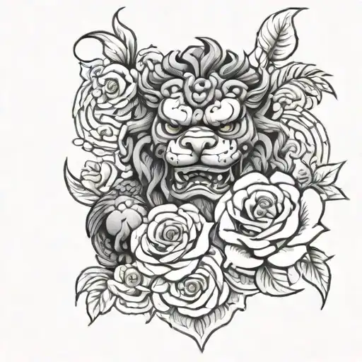 Foo Dog And Roses Intertwined