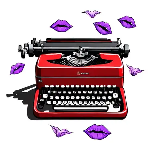 Red Typewriter With Purple Kisses And Seaqulls Flying Around It