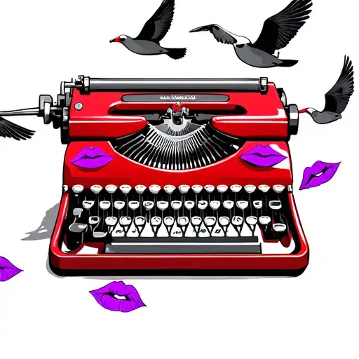 Red Typewriter With Purple Kisses And Seagulls Flying Around It