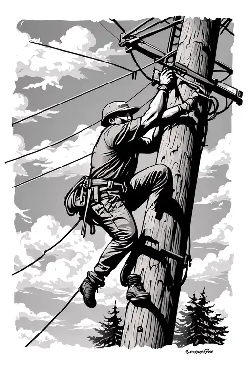 Black And Grey Themed Lineman Climbing A Power Pole With Trees And Clouds In The Back Ground