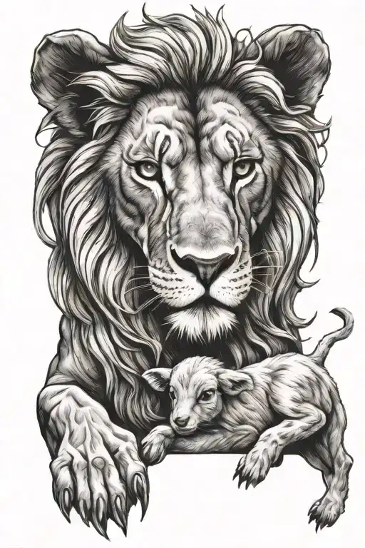 A Forceful Lion Protecting A Baby Lamb