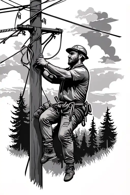 Black And Grey Themed Lineman Climbing A Power Pole With Trees And Clouds In The Back Ground