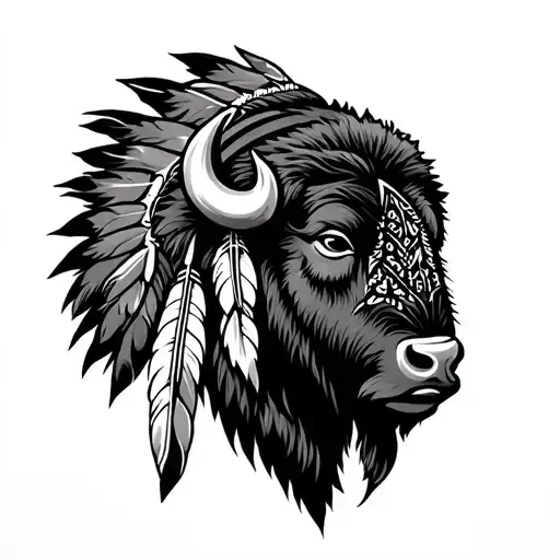 Native American Bison Head With Feathers