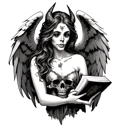 Half Demon Half Angel Woman Holding A Skull And Book