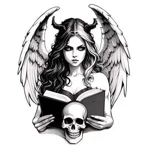 Woman Half Demon Half Faced Angel That Is Holding A Book And A Skull