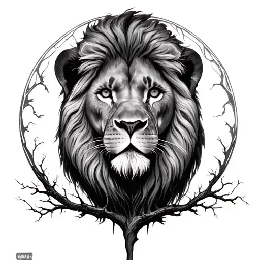 Lion With Tree Of Life Underneath Realistic Portrait