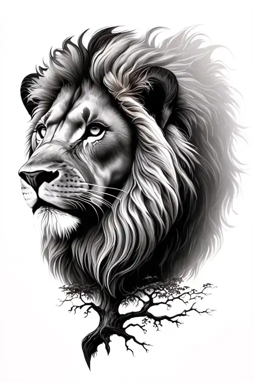Lion With Tree Of Life Underneath Hyper Realism Portrait