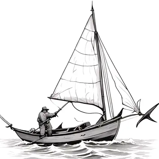 Overhead View Of An Old Fisherman On A Small Sailboat At Sea Dragging A Swordfish Behind Him