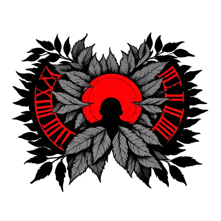 Lureal Leaves With A Red Sun In The Middle Of Chest And Red Roman Numerals On The Right Peck