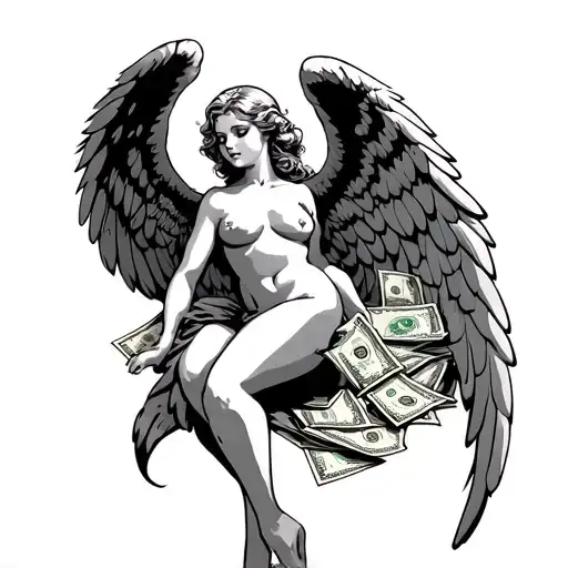 Topless Pinup Angel With Money Wings