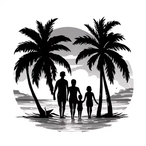 Family In The Beach Scene With Palm