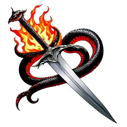 Flaming Sword With A Black And Red Snake Wrapped Around It