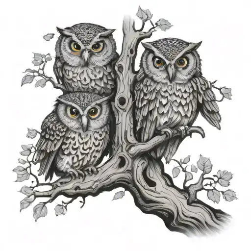 Owls Nesting In A Oak Tree Growing