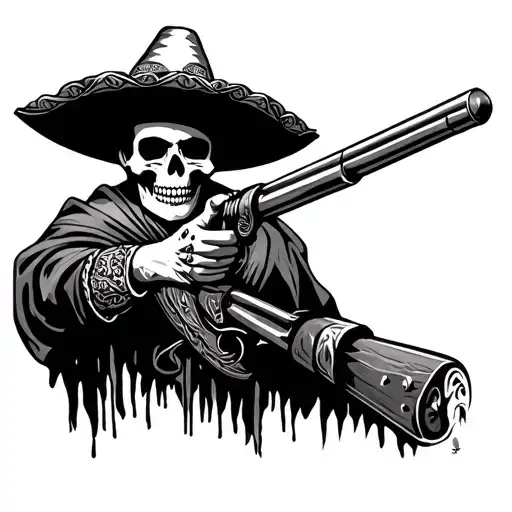 Mariachi Skull In Poncho Aiming A Long Barrel Gun